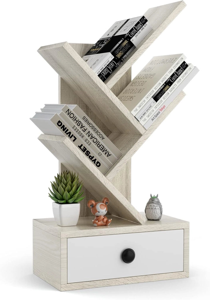 Libreria ad Albero a 5 Ripiani per Scrivania, Libreria Mini da Esposizione con Cassetto, Scaffale per Libri, 30 x 17,5 x 60 cm (Beige)