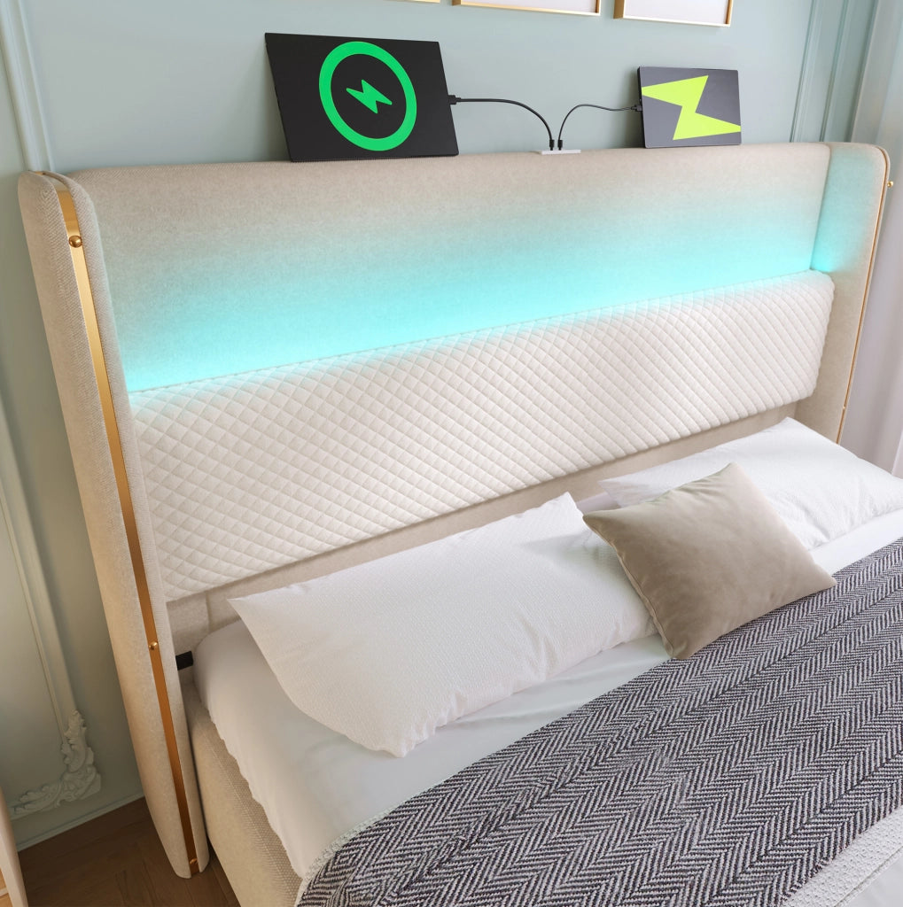 Letto matrimoniale con testiera alta, LED, USB e spazio contenitivo, con materasso incluso