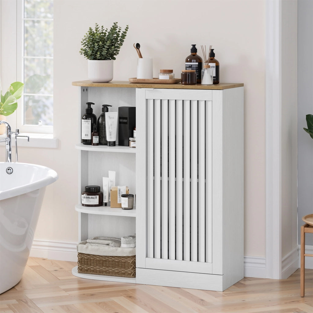 Mobile angolare con 3 ripiani aperti e ripiani regolabili - per bagno - in MDF - 68×25×76 cm - bianco e rovere
