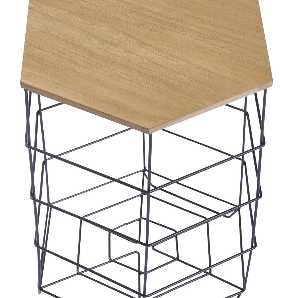 Set 'Hørsholm' da 2 Tavolini a Cestello in Misure Diverse 2 Tavolini Contenitori con Piano Esagonale Rimovibile Base in Metallo Nero Piano in Effetto Legno [en.casa]