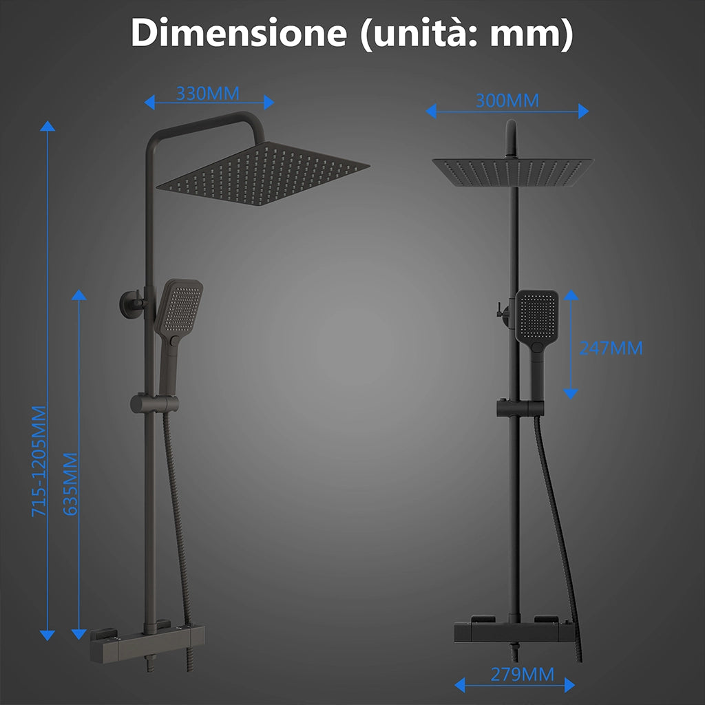 Miscelatore termostatico doccia con soffione 30x30cm e doccetta 25x10cm, colonna doccia cilindra nero