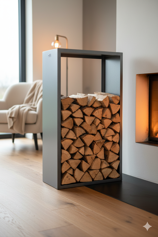 Portalegna per Camino 72x35x120cm in Ferro Verniciato Grigio Martellato