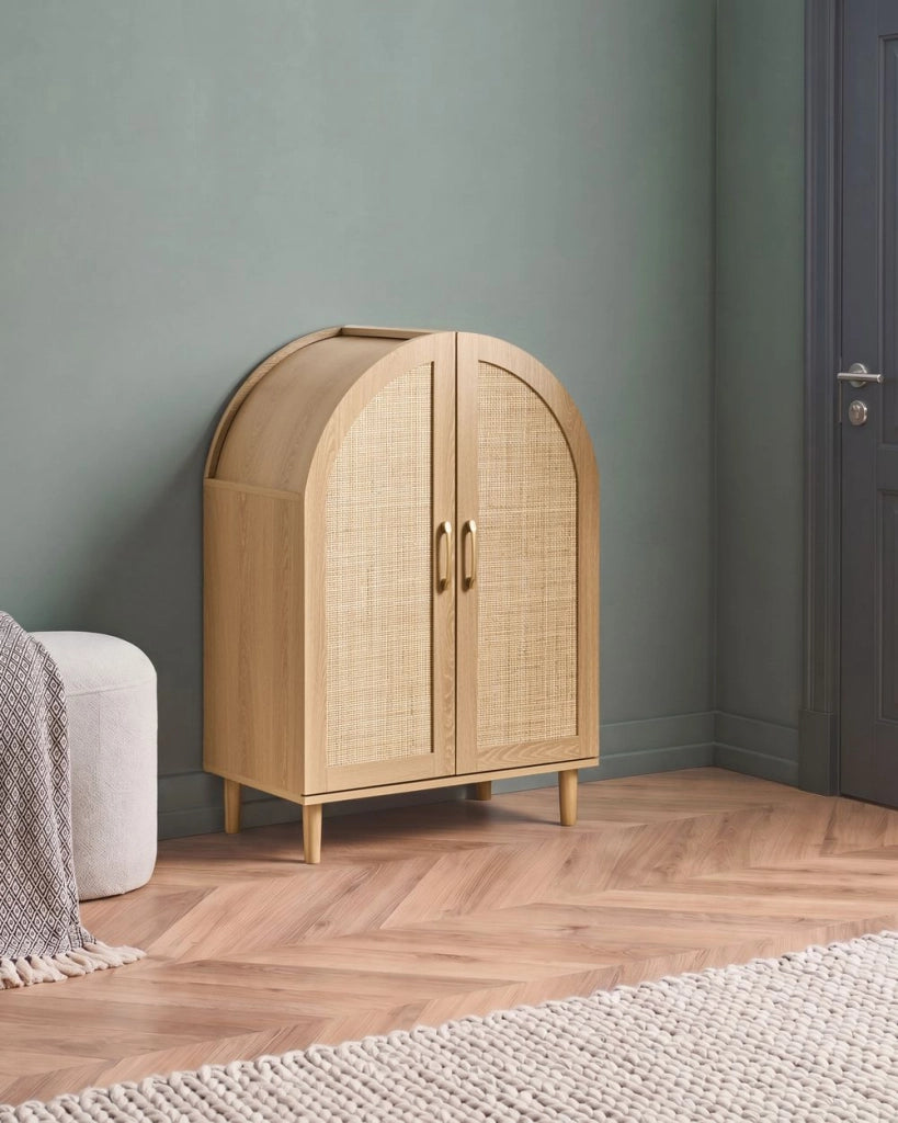 Scarpiera a 4 ripiani in MDF con frontali in rattan per 16 paia di scarpe per l'ingresso stile boho marrone chiaro