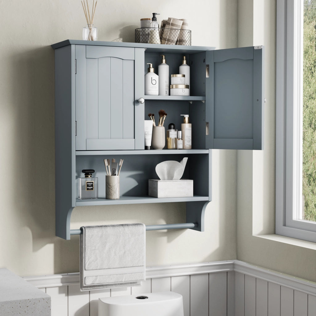 Mobile bagno pensile con portasciugamani, 2 ante, ripiani aperti, MDF grigio chiaro