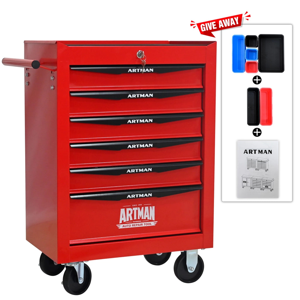 Mobile contenitore con 6 cassetti; serratura e ruote per garage e officina; in acciaio; rosso e nero; 60×33×77.5 cm