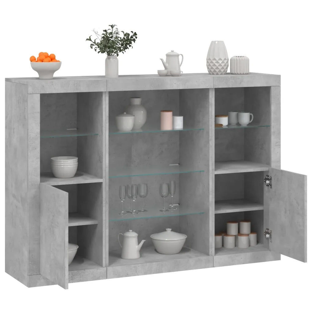 Credenze con Luci LED 3 pz Grigio Cemento in Legno Multistrato 3209131