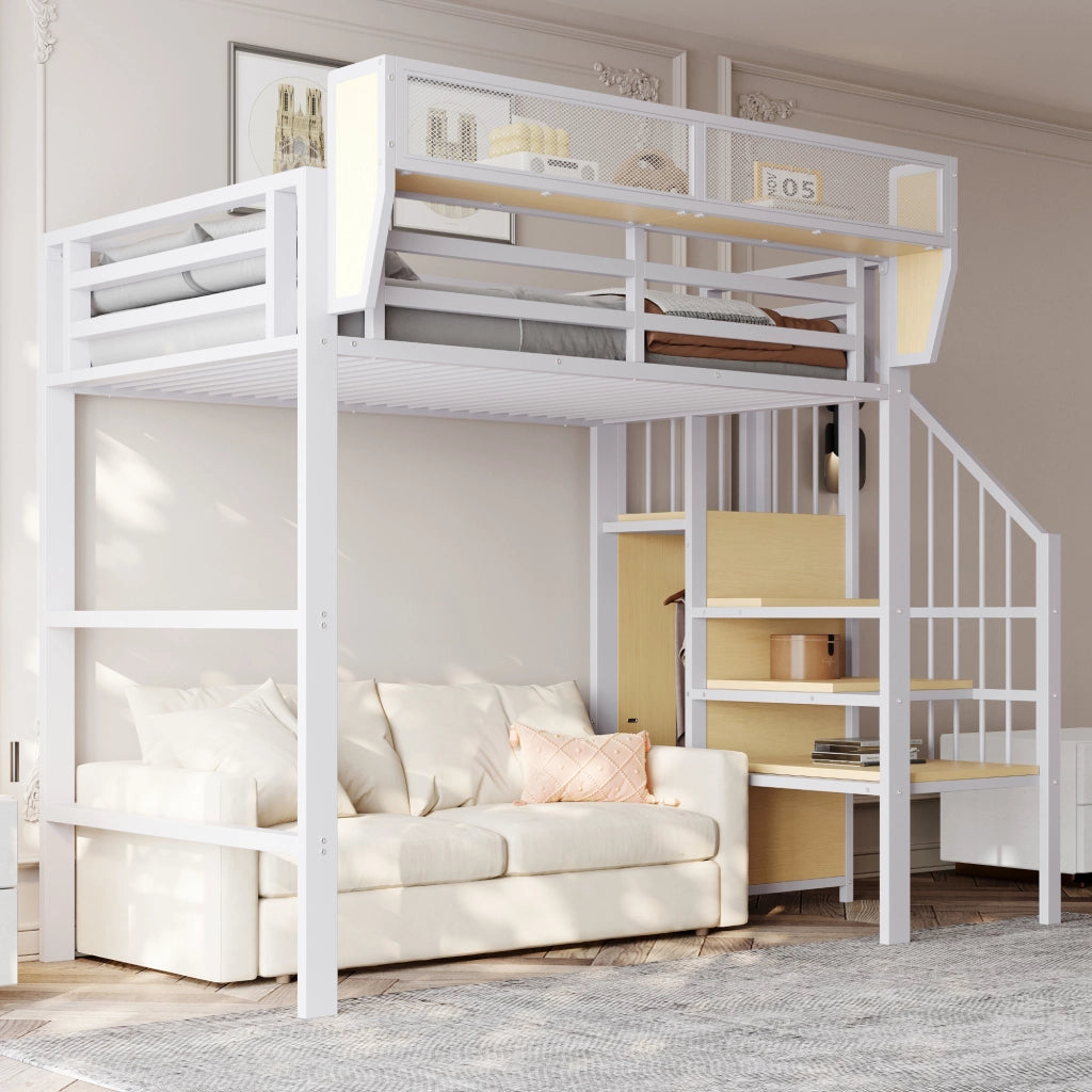 Letto a soppalco singolo 90×200 cm con scaletta di sicurezza e ripiano regolabile; senza materasso; metallo; bianco