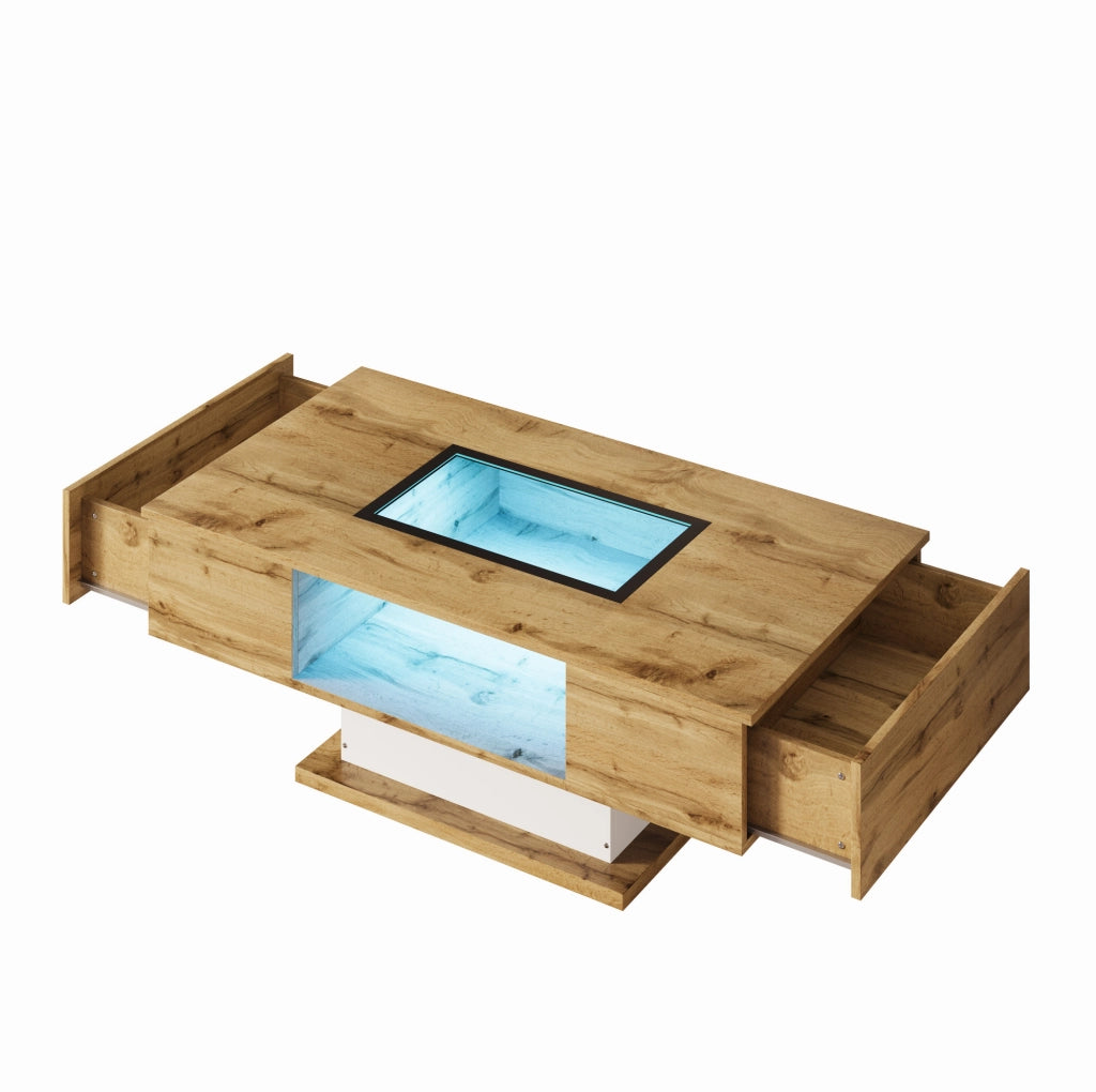 Tavolino da salotto con LED controllabile da app; piano in vetro; 110;2x60x39;7 cm; bianco e legno