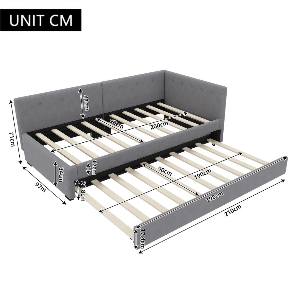 Letto singolo 90x200 cm con letto estraibile, in velluto grigio, senza materasso