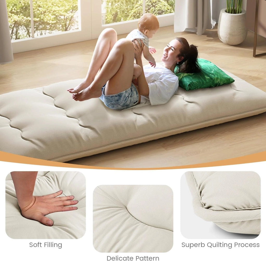 Materasso Futon Pieghevole, Tatami Futon Giapponese Portatile con Borsa, Copertura Lavabile, 2 Bende Incluse, Letto Futon Spesso e Traspirante per Camera da Letto per Adulti (Beige,Twin XL)