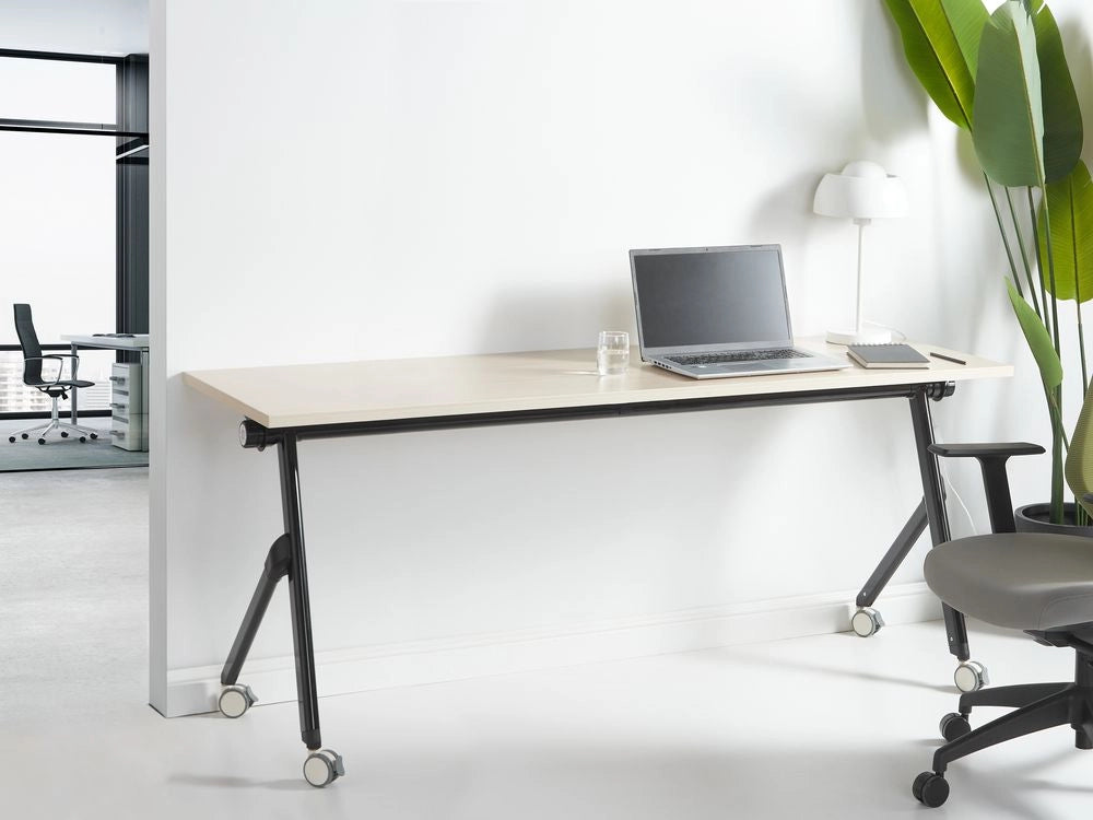 Scrivania rettangolare pieghevole con rotelle portatile con struttura in metallo marrone chiaro e nero 180 x 60 stile moderno