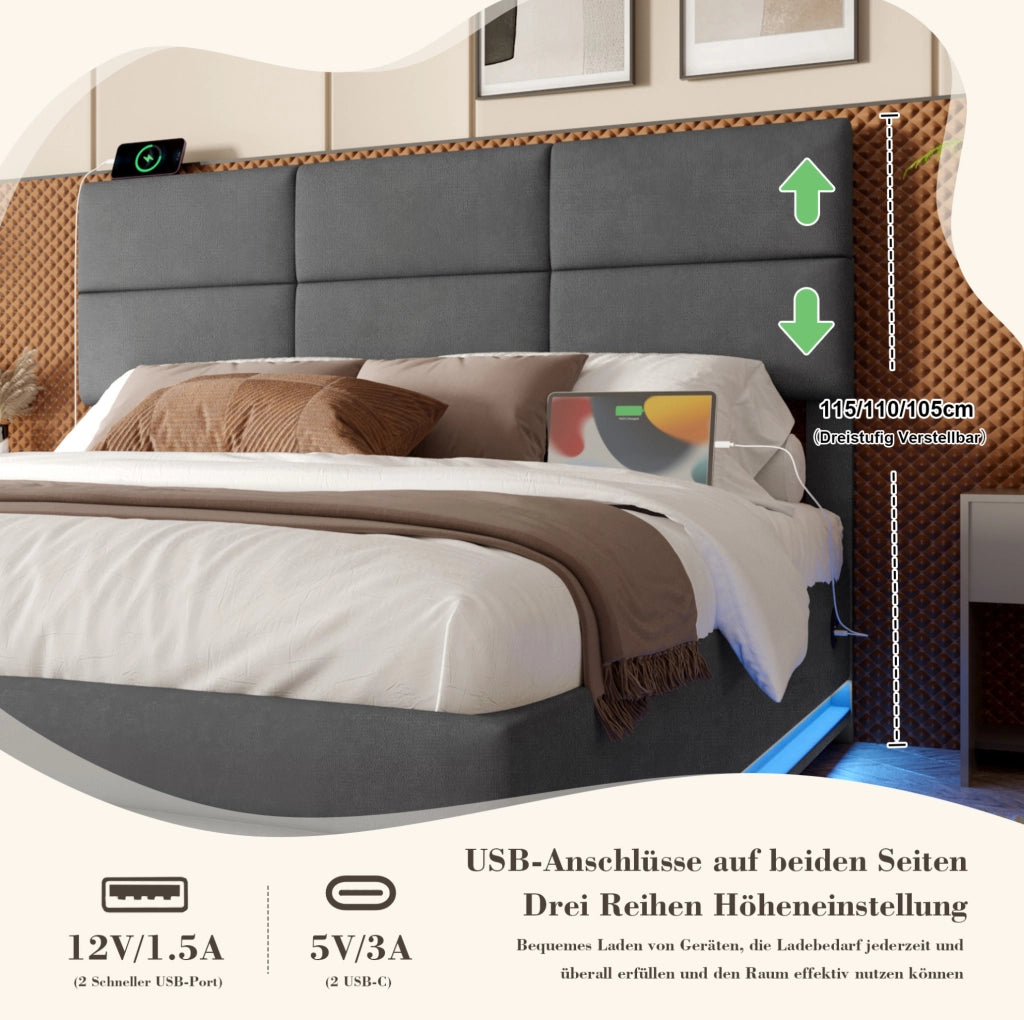 LETTO imbottito 140x200 cm in velluto grigio scuro con USB, LED e sollevamento idraulico