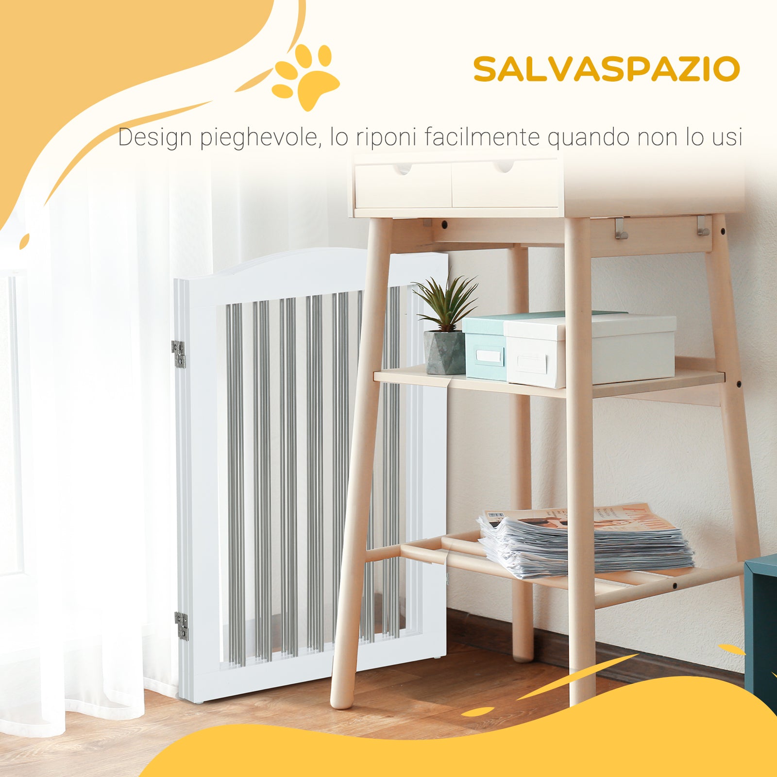 Cancelletto di Sicurezza per Cani Pieghevole 154x30x80 cm con 3 Pannelli in Legno Bianco