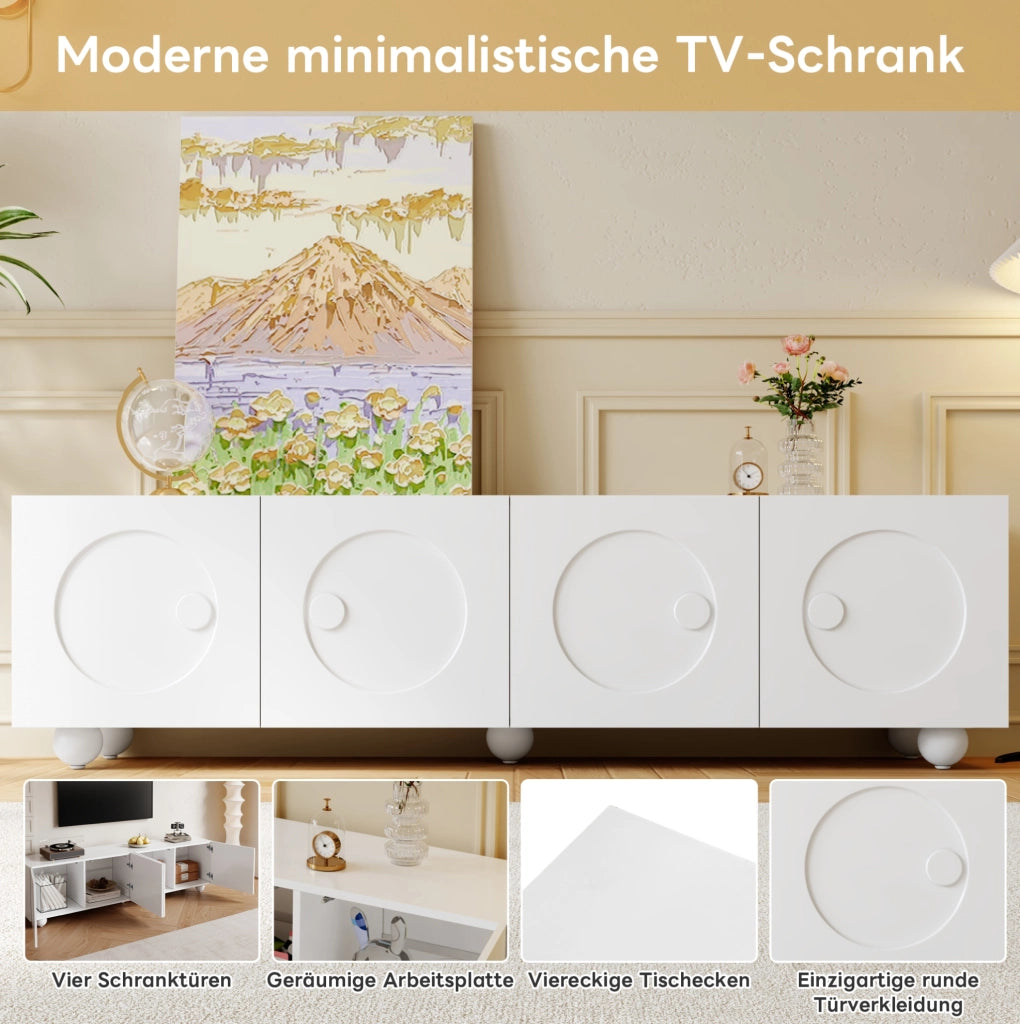 Mobile porta TV bianco moderno con ante scolpite e spazio organizzato