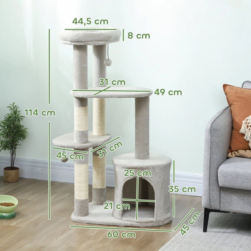 Albero per gatti multifunzione 114 cm con piattaforme, tiragraffi in sisal e casetta, grigio chiaro