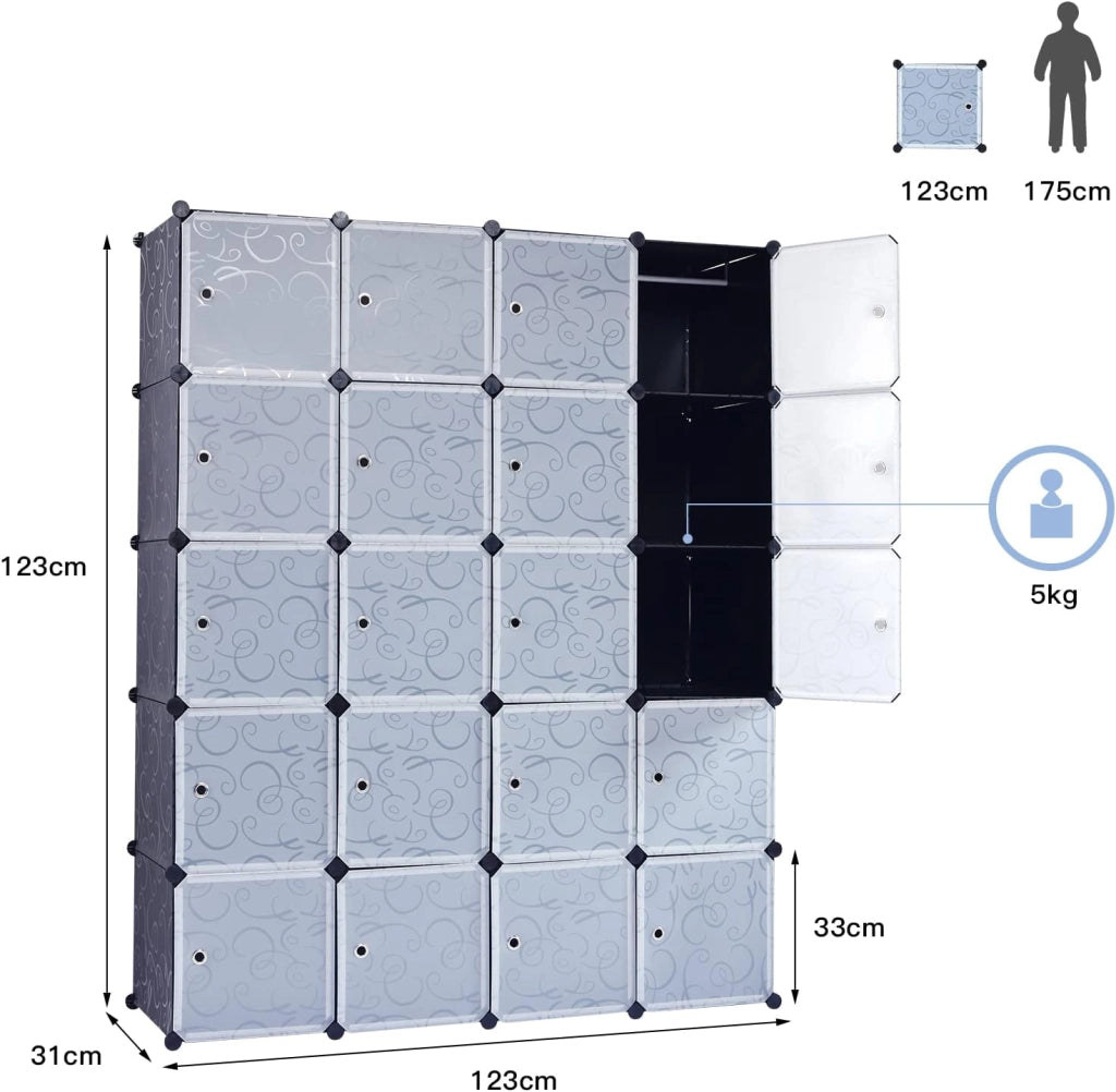 Armadio Modulare, Armadio Modulare Cubi, Armadio Pieghevole in Plastica, Portaoggetti Organizzatore, Armadietto Mobiletto con Ante, Può DIY, a 20 Cubi