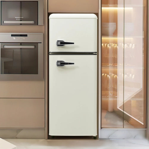 Frigorifero retrò; frigorifero-freezer combo; volume totale 92L; congelatore 28L; mensole per porte; mensole in vetro; luce LED; efficiente energetico; bianco antico