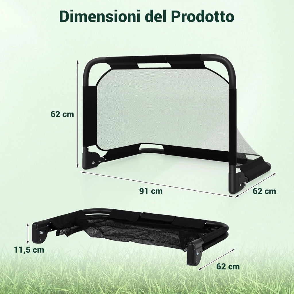 Porta da Calcio Pieghevole, Mini Rete da Calcio per Bambini con Tubo in Metallo e 4 Picchetti, Kit da Allenamento per Bambini 6+ Anni, per Parco, Spiaggia e Cameretta, 91 x 62 x 62 cm