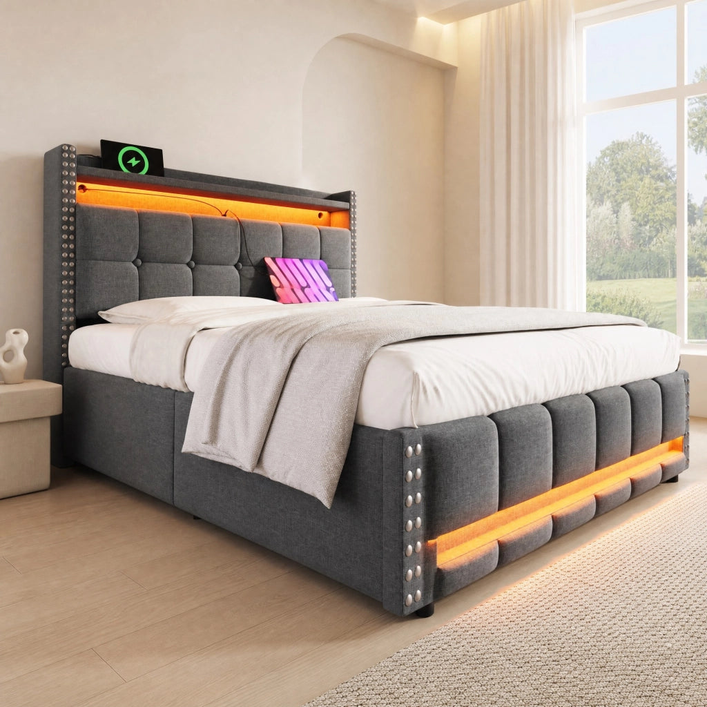 Letto matrimoniale imbottito 140x200 cm in tessuto effetto lino grigio con LED, USB e spazio contenitore