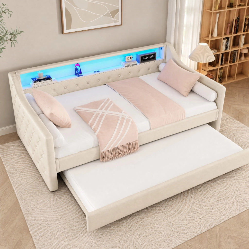 Daybed 90 x 200 cm con letto estraibile; LED controllabile via app e porte USB beige
