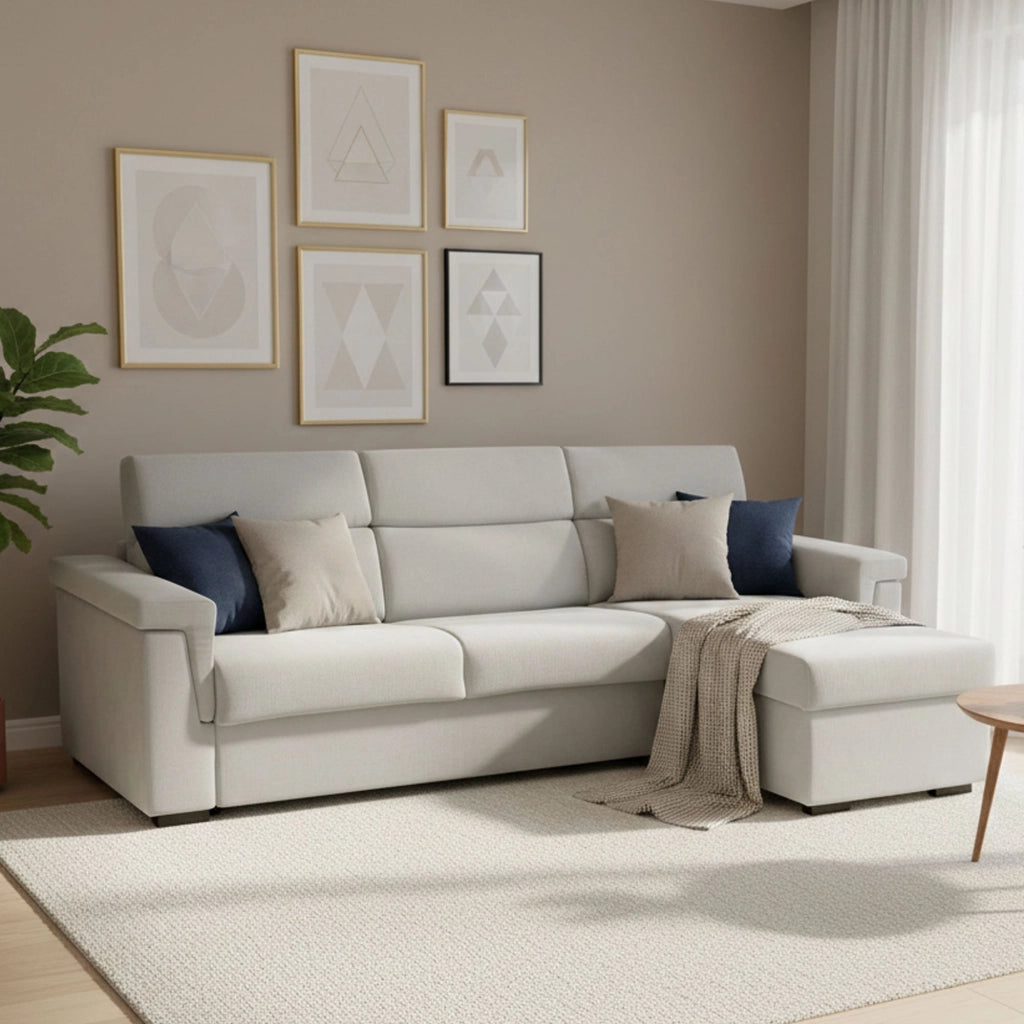 Esca, Divano Letto con Penisola Sfoderabile Made in Italy, 285x160 cm Grigio Chiaro