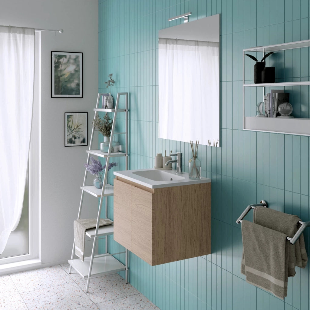 Mobile da bagno sospeso 60cm rovere chiaro con lavabo e specchio | Rata