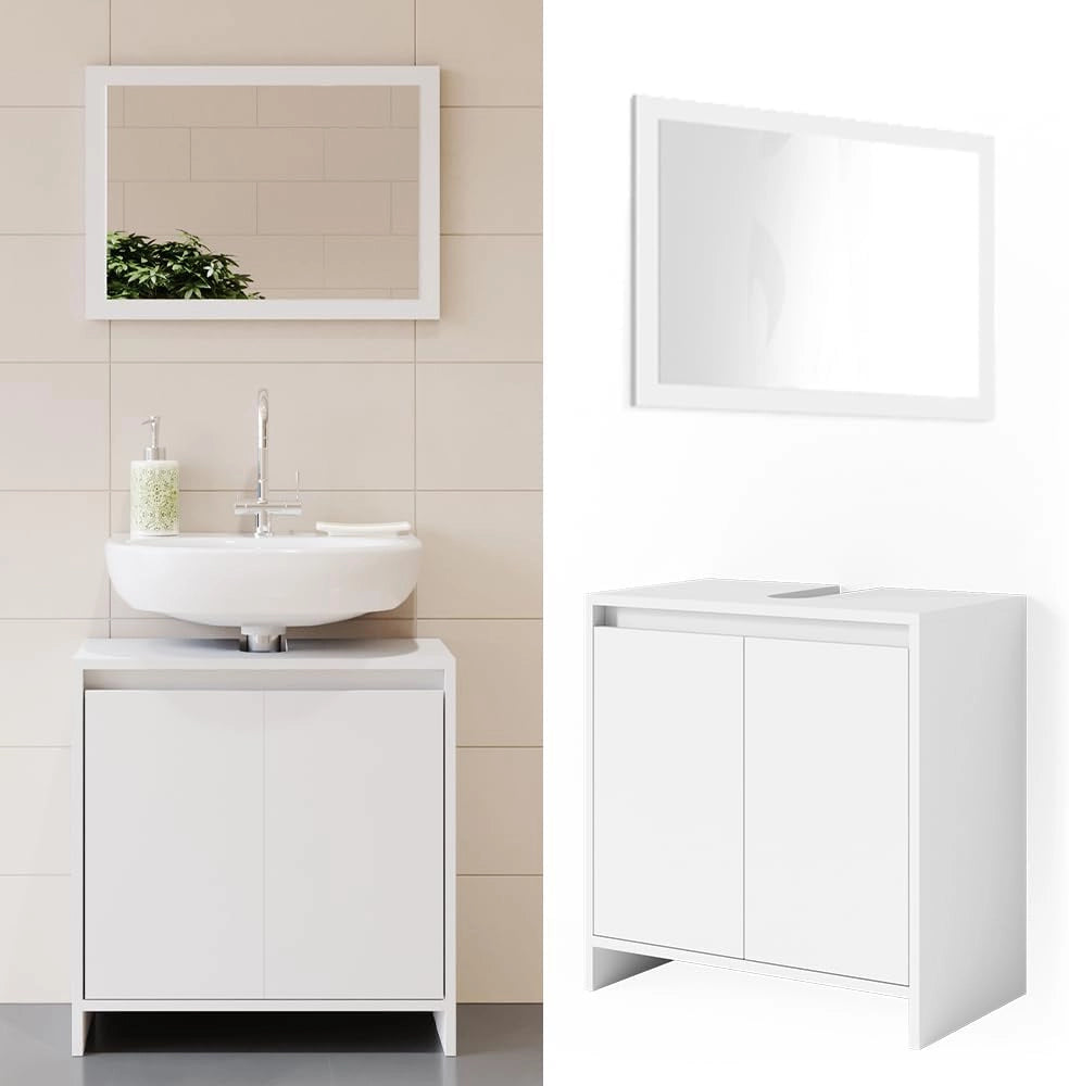 Set mobili bagno Emma, Bianco, 58 cm, composto da specchio da bagno e mobile sottolavabo
