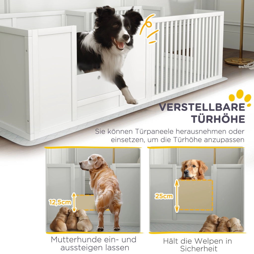 Recinzione decorativa per cuccioli a due spazi con ingresso regolabile in MDF bianco 166 × 80 × 50 cm