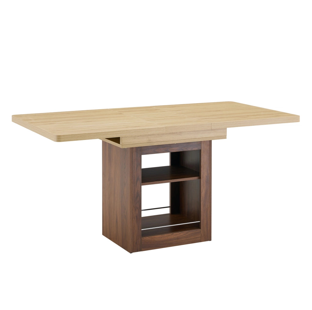 Tavolo allungabile 130x80x160x80 cm con 2 ripiani integrati; MDF naturale e noce