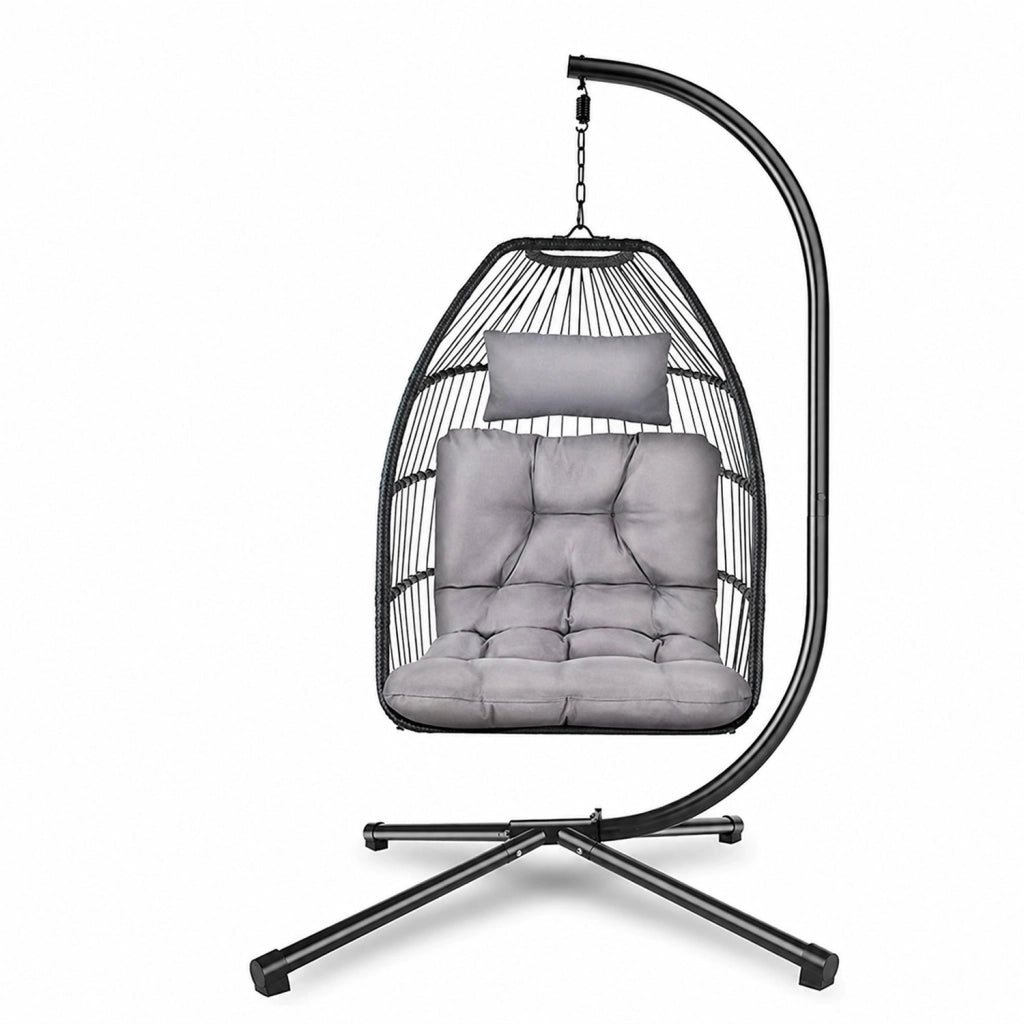 Sedia Pensile Da Giardino Con Telaio In Metallo E Seduta In Rattan Cuscino Morbido Poltrona Oscillante Per Relax Outdoor Su Balcone Terrazzo Portico E Veranda 107 x 98 x 202 Cm Grigio