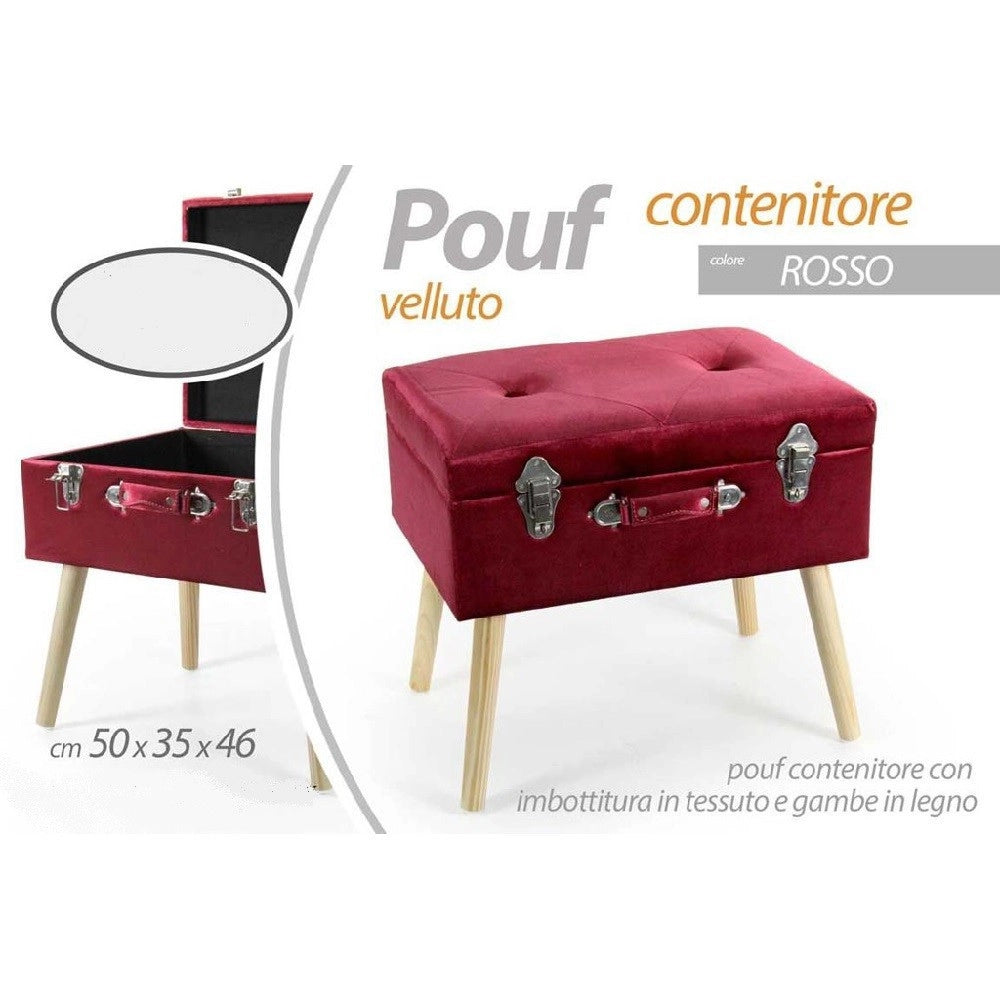 Trade Shop - Pouf Pouff Contenitore H46x50x35cm Tessuto Rosso Imbottito Piedi In Legno 756795 -