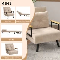 Poltrona Letto 3 in 1 con Schienale Reclinabile e Cuscino, in Tessuto Effetto Velluto, 63x73x81 cm, Beige