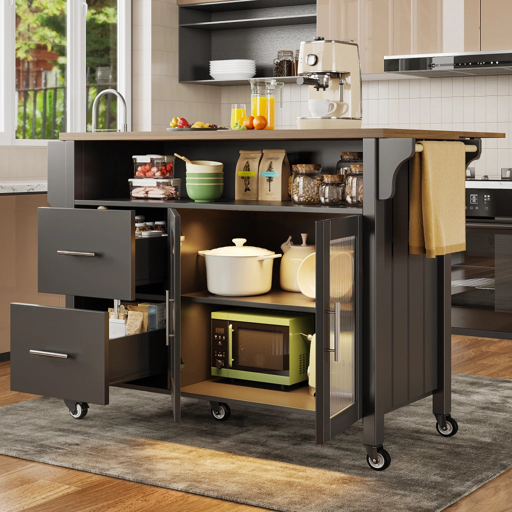 Carrello da Cucina con 2 Cassetti; Anta in Vetro; LED; Portasciugamani e Ruote per Cucina 139×40×94 cm
