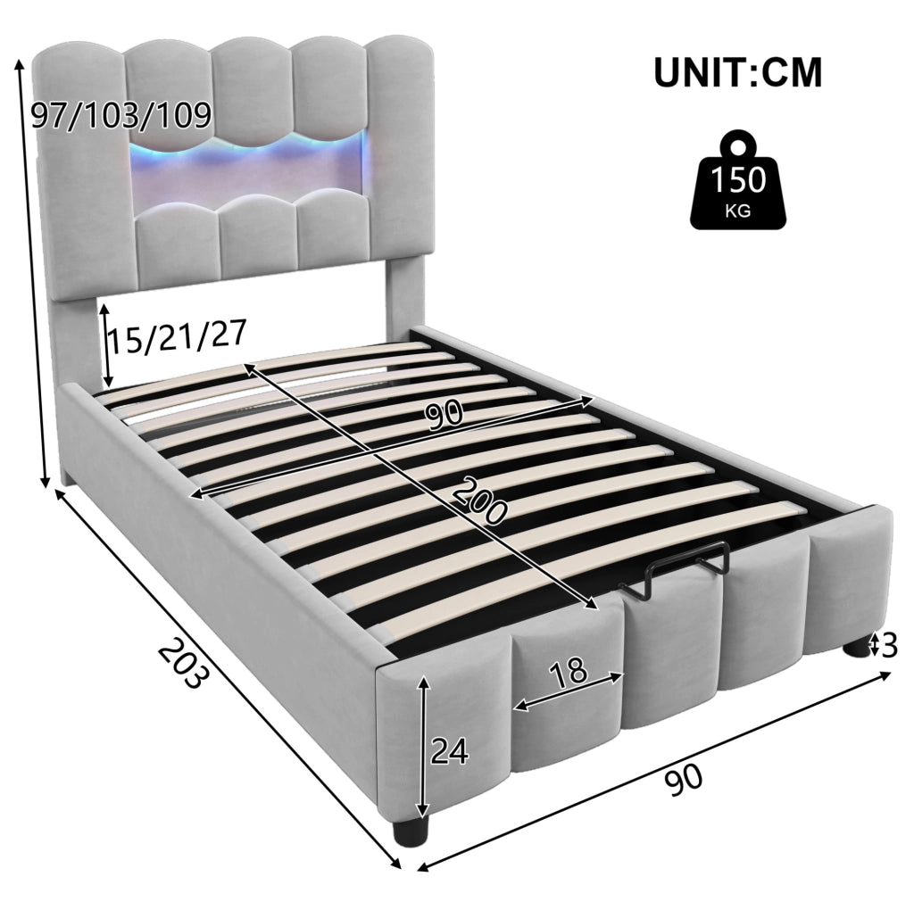 Letto imbottito 90x200 cm con contenitore idraulico; testiera regolabile; LED; velluto grigio