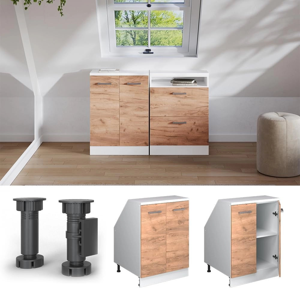 Mobile sottotetto Rion, Quercia dorata, 60 x 81.6 cm con 2 porte, carcassa 60 cm profondità, adatto per il salvaspazio sotto tetti spioventi