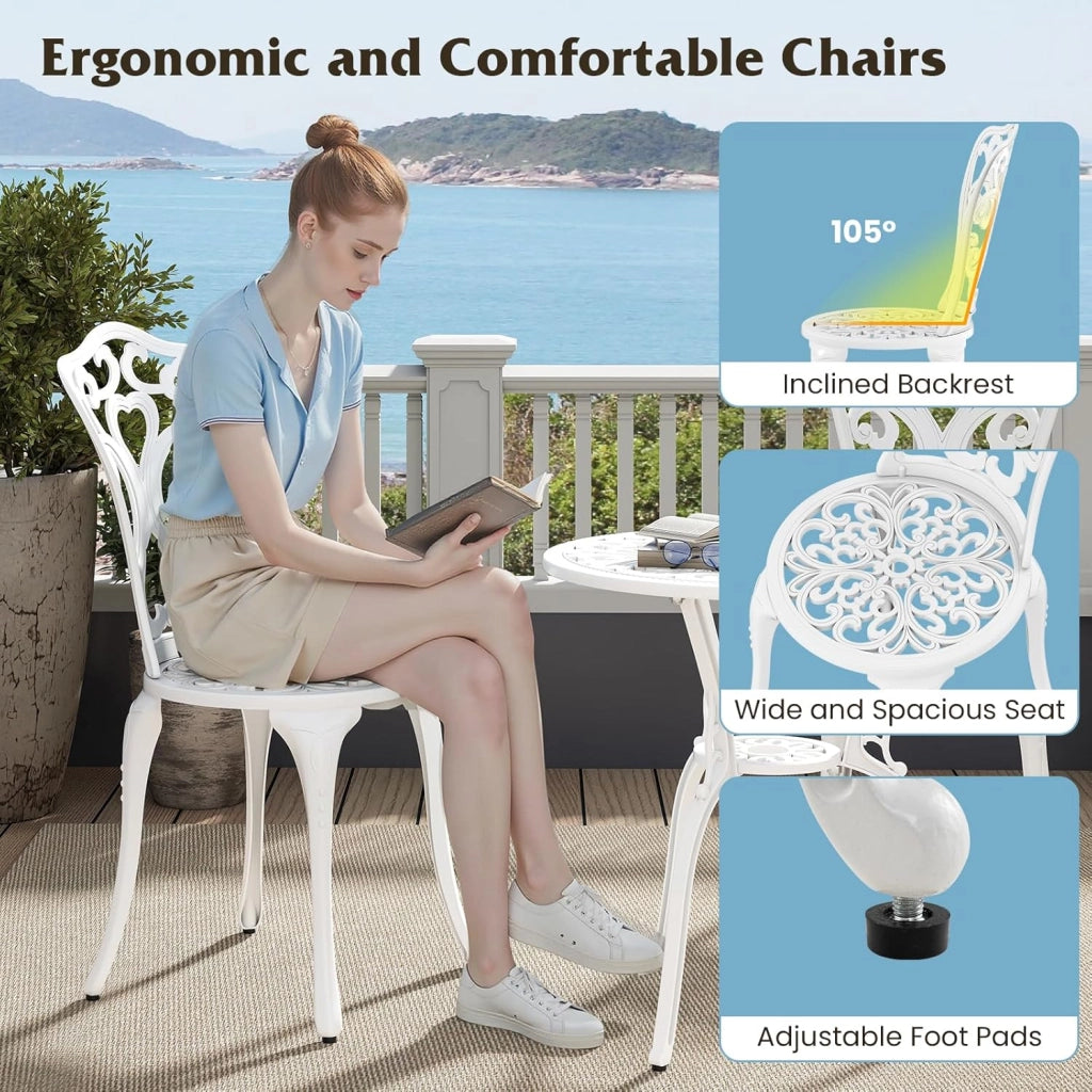 Set Tavolo da Bistrot in Fusione di Alluminio Set da 3 Pezzi Tavolino con 2 Sedie per Giardino Balcone Bordo Piscina, Colore Verde Bronzo/Bianco (Bianco)