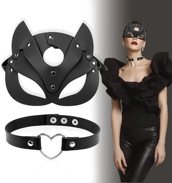 Maschera per Gatti Adattabile - Maschera da Festa - Halloween/ Costume - Pelle PU - Design Sexy - Inclusa Collana