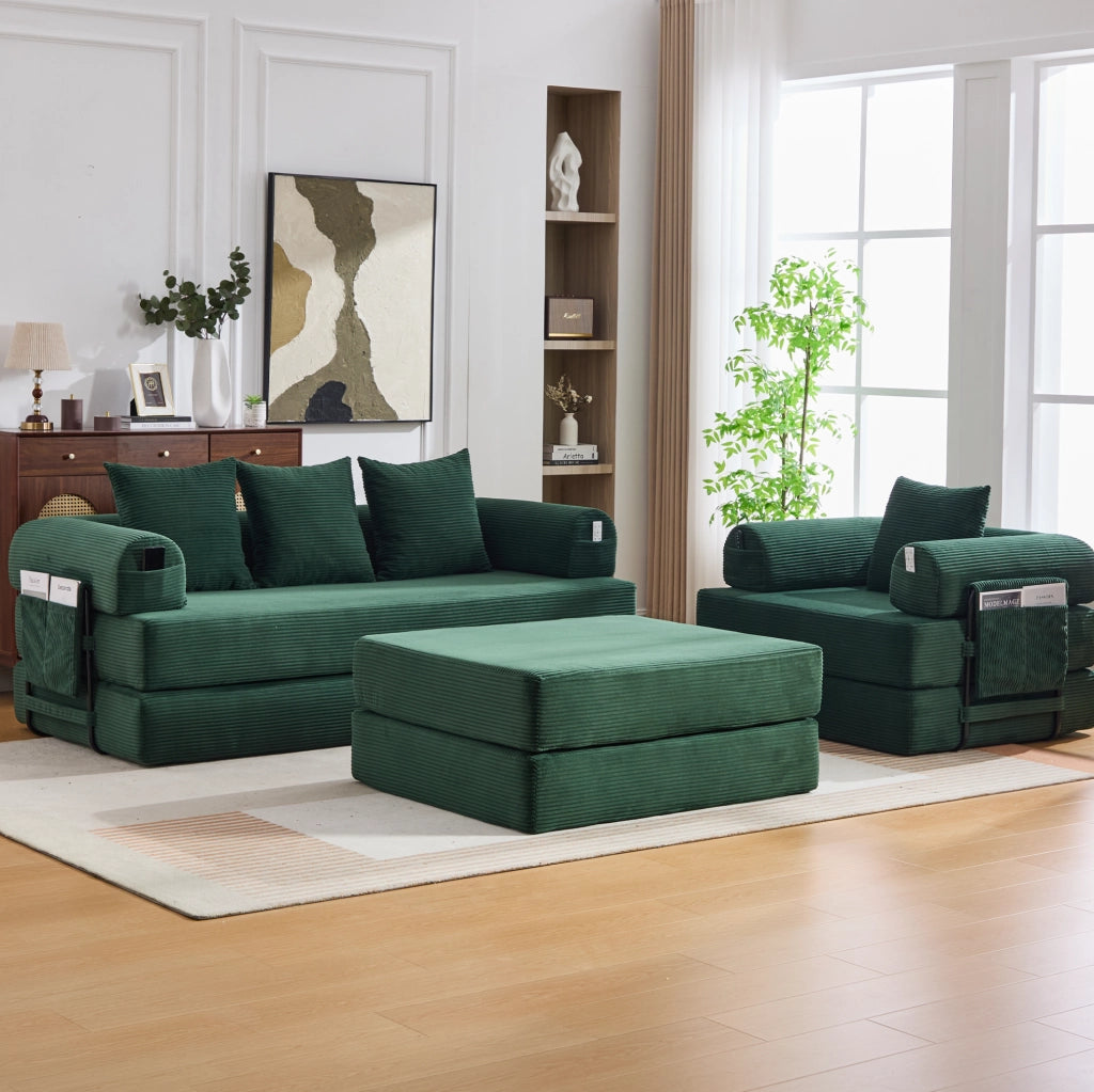 Divano modulare in corduroy verde smeraldo con pouf; 200x94x67 cm