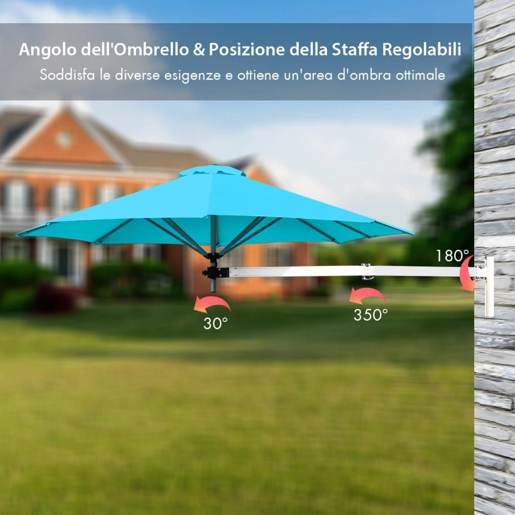 Ombrellone da Parete 247 cm, Ombrellone da Muro per Giardino con Angolo Regolabile, Parasole Esterno Pieghevole Anti UV, per Giardino, Balcone e Cortile (Turchese)