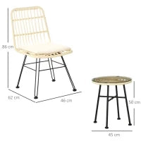 Set Mobili da Giardino 3 Pezzi con Tavolino e Sedie in Rattan PE, Poilestere e Acciaio per Esterni, Crema