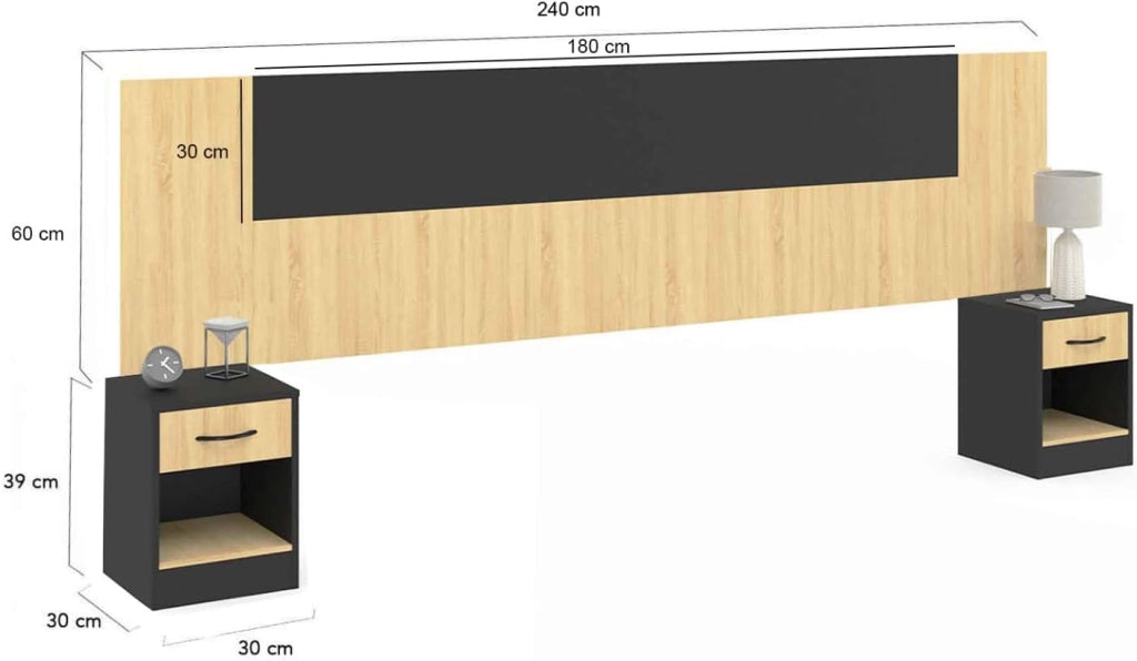 Cabecero SAPA para camas de 140 y 160 cm con mesillas negras y efecto madera