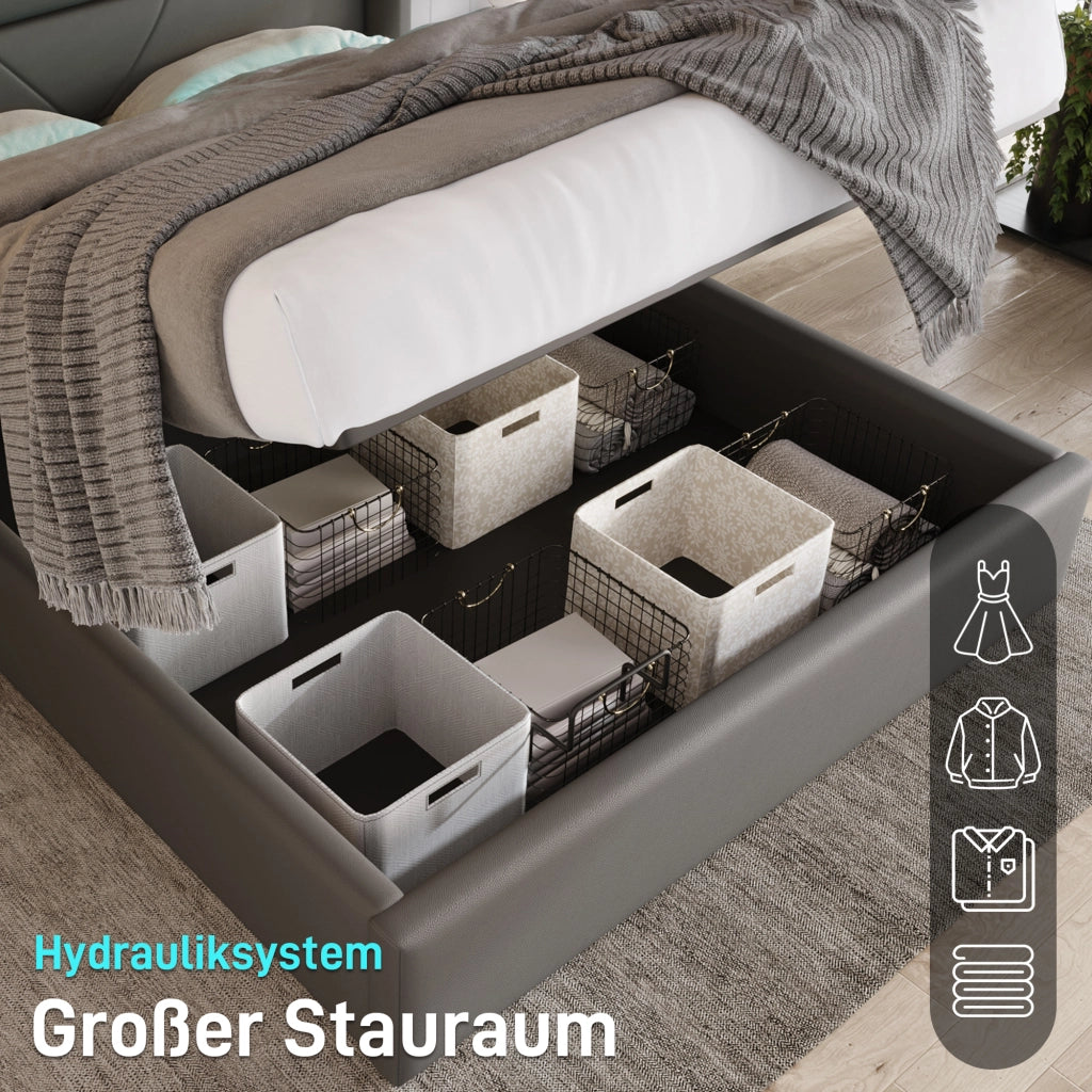 Letto imbottito 160x200 con vano contenitore idraulico illuminazione a LED e rivestimento in similpelle di colore grigio