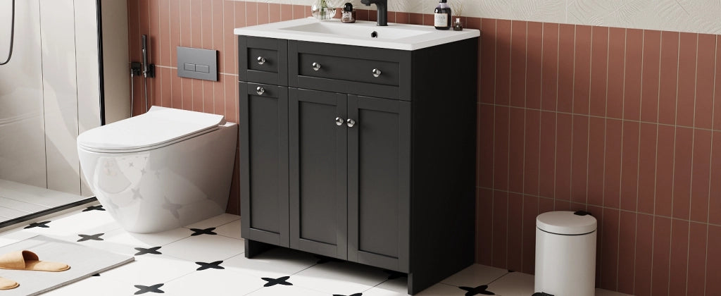 Mobile sottolavabo da bagno con lavabo in ceramica, 1 anta e 3 cassetti, finitura laccata, nero, 76 × 47 × 86 cm