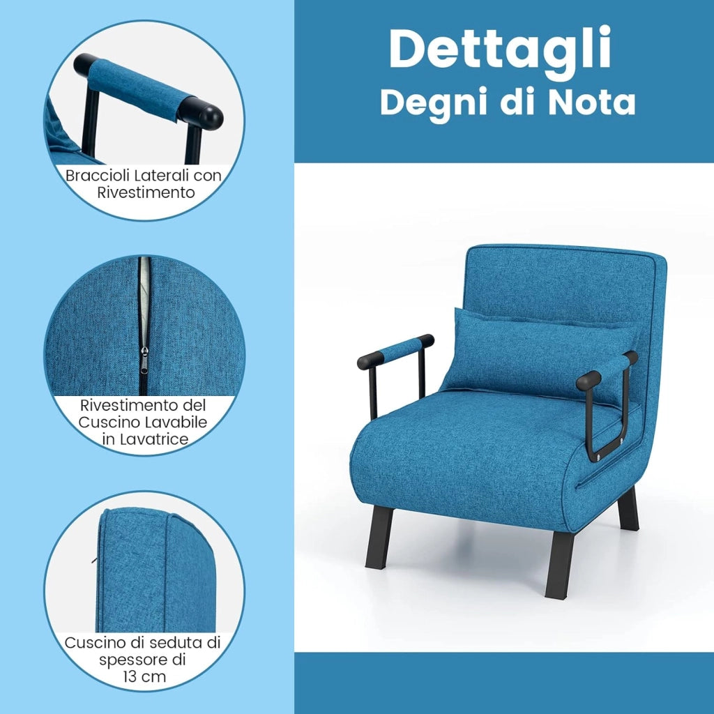 Poltrona Letto, 4 in 1 Poltroncina Pieghevole con Schienale Regolabile in 6 Posizioni, Sedile Imbottito Robusto, Divano Letto Singolo per Casa Ufficio, 79x65x79 cm (Blu)