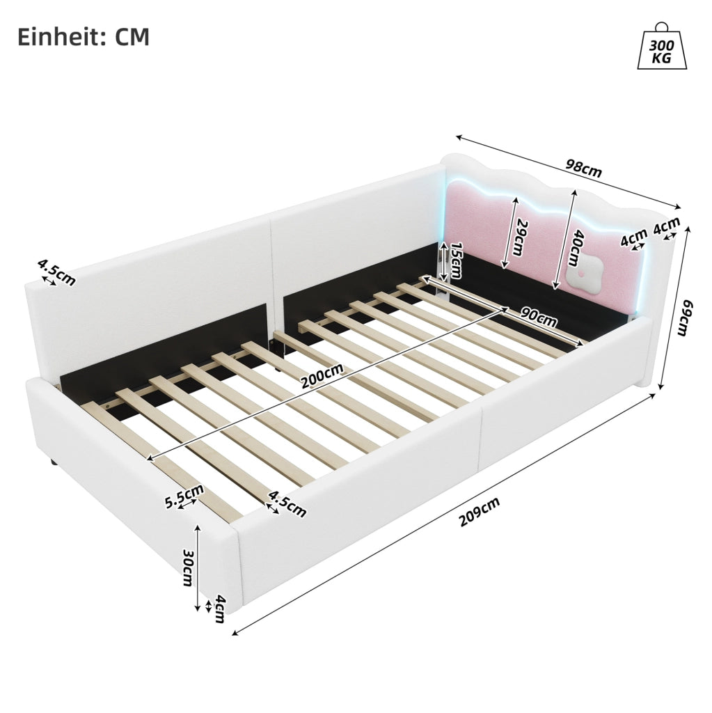 Letto imbottito con illuminazione LED regolabile; 90 x 200 cm; velluto; bianco
