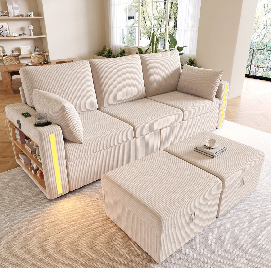 Sofa modulare a U/L 190x130x85 cm in corduroy beige con LED; USB e contenitore