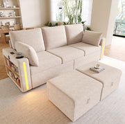Sofa modulare a U/L 190x130x85 cm in corduroy beige con LED; USB e contenitore