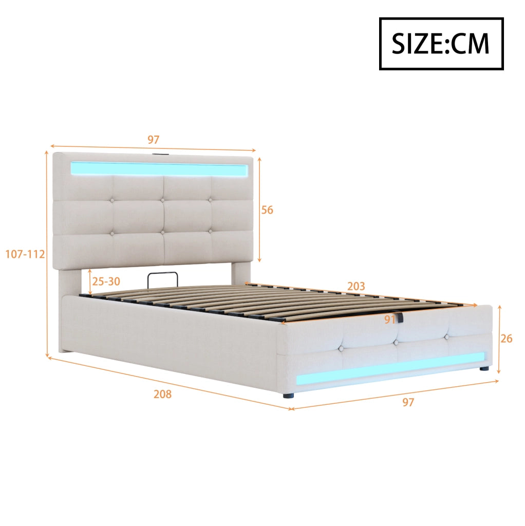 Letto imbottito 90x200 cm beige con LED RGB; USB e testiera regolabile