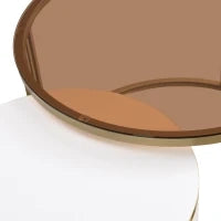 Tavolino 2-in-1 Rotondo in MDF con 1 Piano Bianco e 1 Piano Marrone in Vetro Temperato, Tavolini con 2 Cassetti per Soggiorno, Bianco