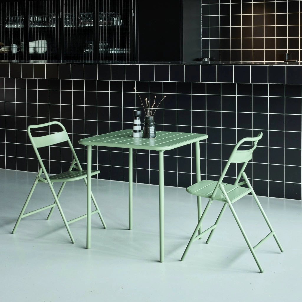 Set tavolo da giardino in acciaio con 2 sedie pieghevoli, 70cm, verde